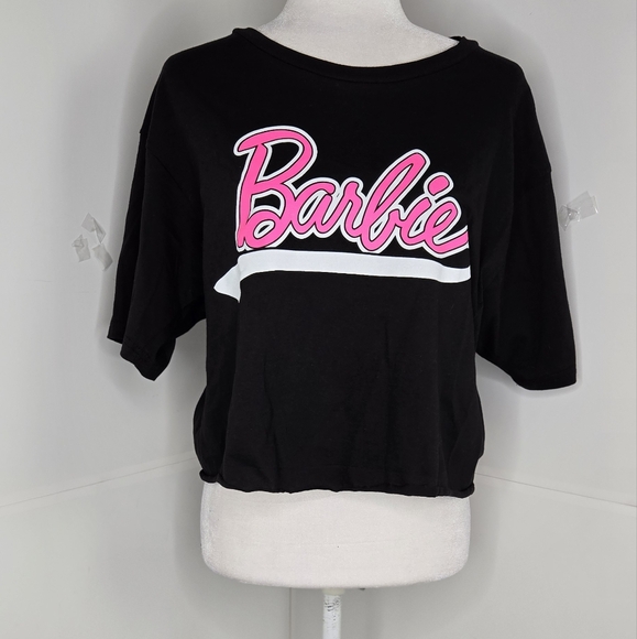 🎄 Barbie NWT retro skimmer t-shirt short sleeve crop cotton Large black pink - Picture 3 of 12